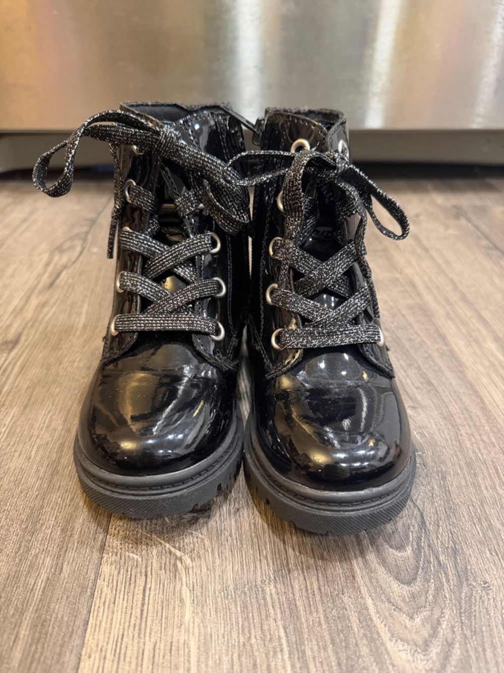 jumping beans Black Patent Lace-Up Kids Ankle Boots with Sparkle Laces